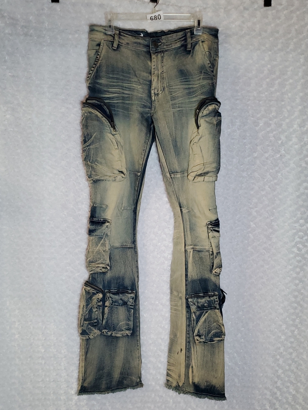 Copper Rivet Men's Distressed Cargo Denim Jeans - Washed Gray